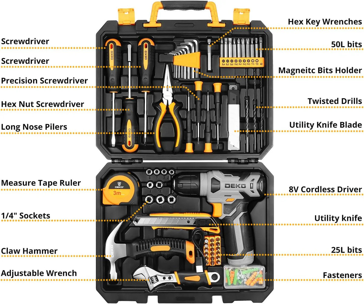 DEKOPRO Tool Set锛�Tool Kit with 8V Cordless Drill,Tool Box with Drill,Hand Drill Set for Men & Women,Home Tool Kits for House Repair,Handyman,DIY 126 Piece