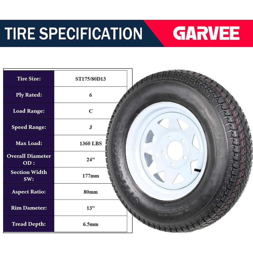 Set of 2 Trailer Tires Rims 175-80 5 Lug 6PR White Spoke Wheel Load Range C